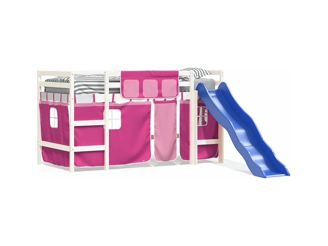 Lit mezzanine enfants et rideaux rose 90x190cm bois pin massif HOQW67386