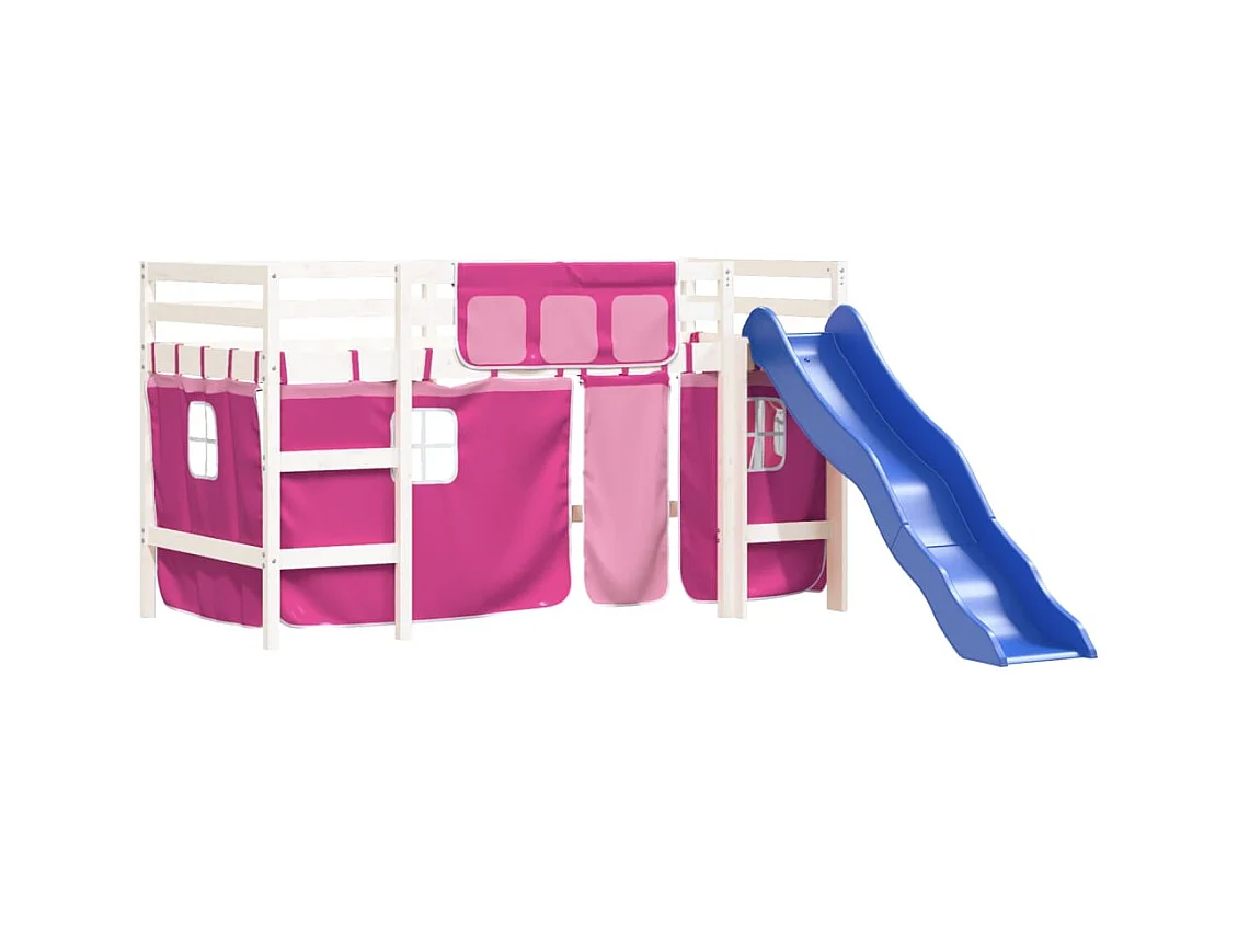 Lit mezzanine enfants et rideaux rose 90x190cm bois pin massif HOQW67386