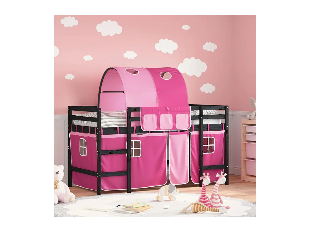 Lit mezzanine enfants et tunnel rose 90x200cm bois pin massif HOQW84424