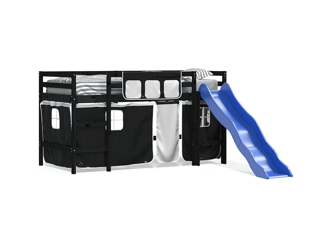 Lit mezzanine enfants et rideaux blanc/noir 90x200cm pin massif HOQW76465