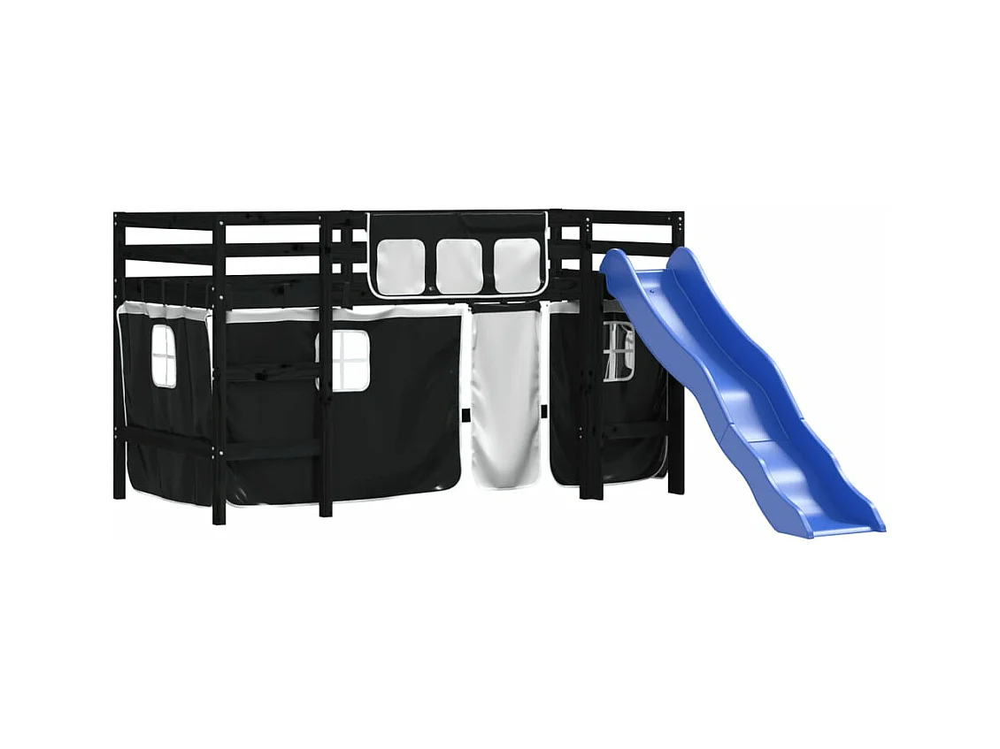 Lit mezzanine enfants et rideaux blanc/noir 90x200cm pin massif HOQW76465