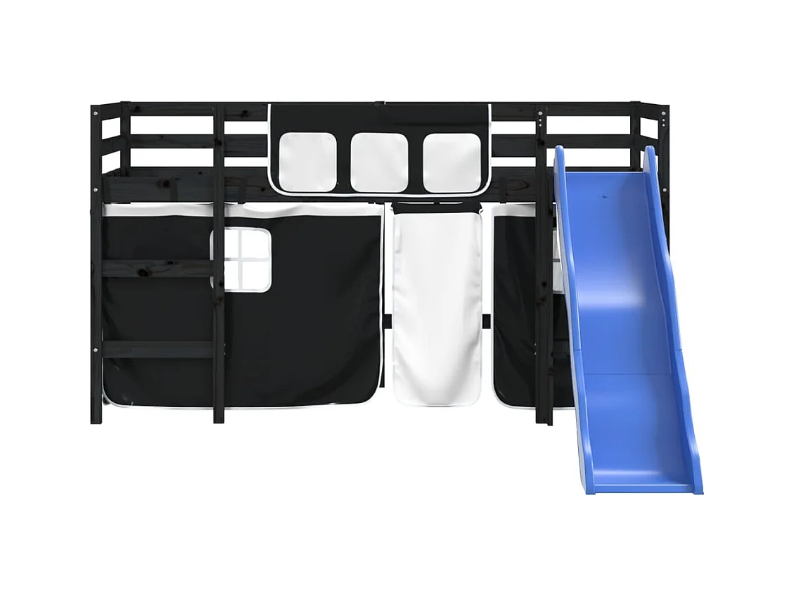 Lit mezzanine enfants et rideaux blanc/noir 90x200cm pin massif HOQW76465