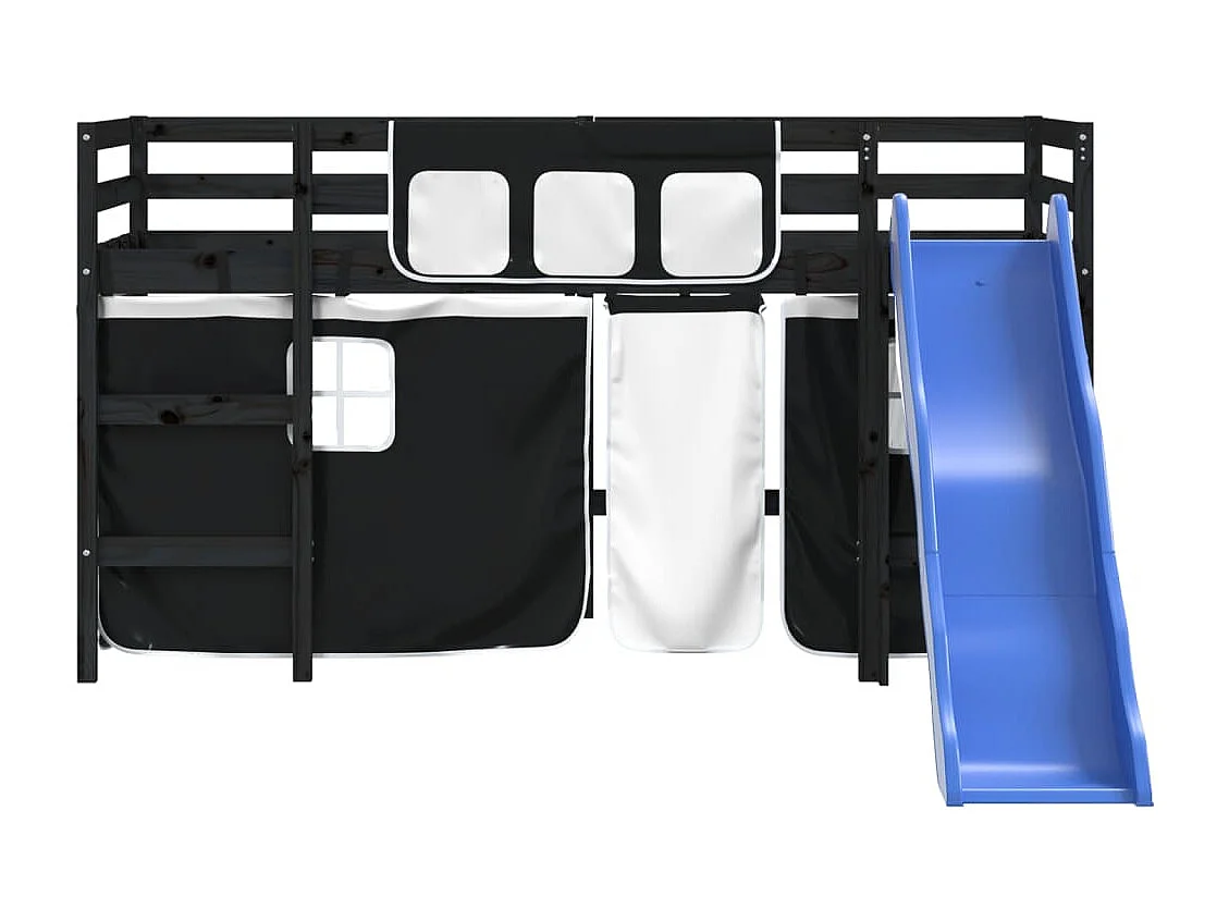 Lit mezzanine enfants et rideaux blanc/noir 90x200cm pin massif HOQW76465