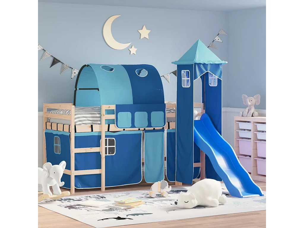 Lit mezzanine enfants avec tour bleu 90x190 cm bois pin massif HOQW76903