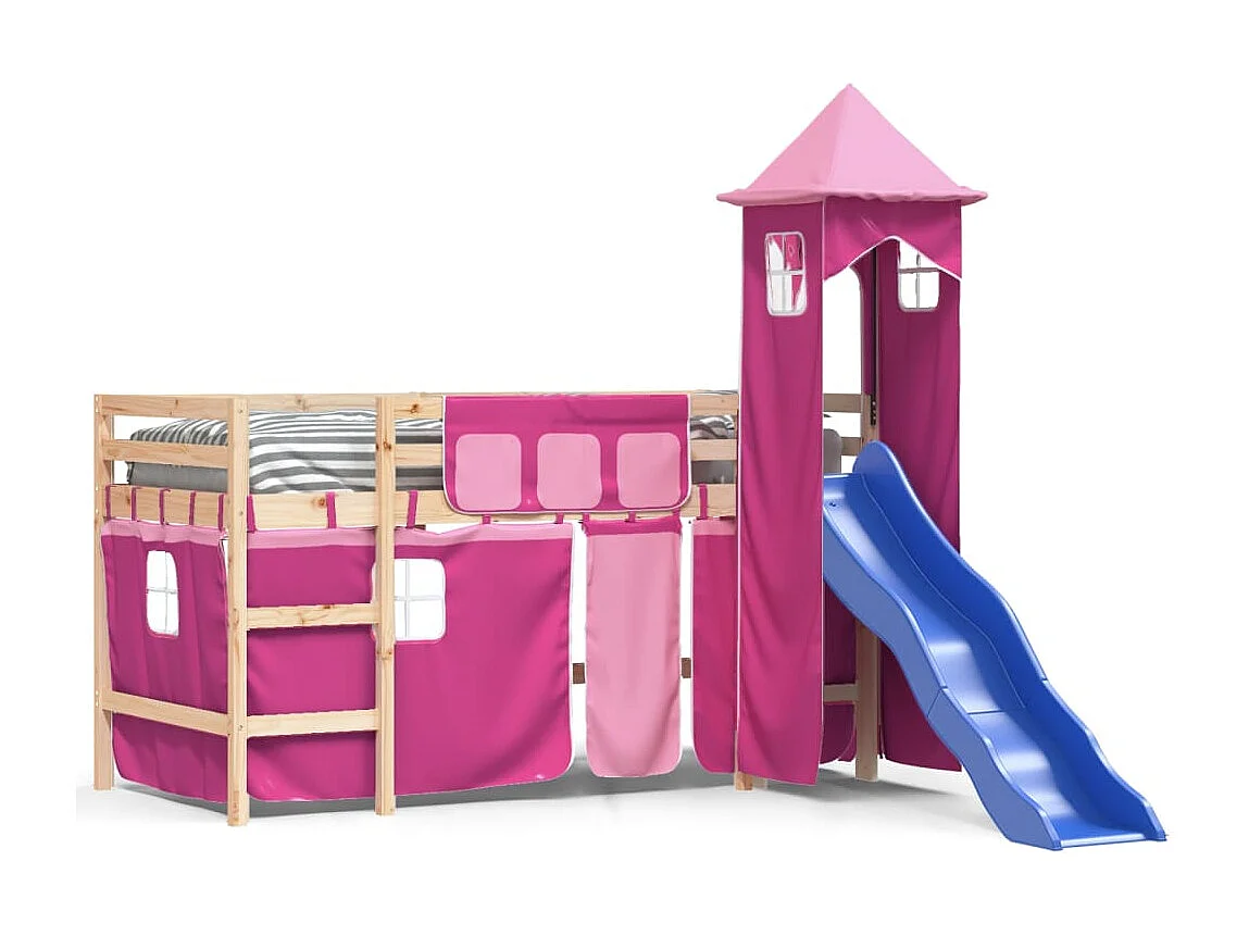 Lit mezzanine enfants avec tour rose 80x200cm bois pin massif HOQW44167