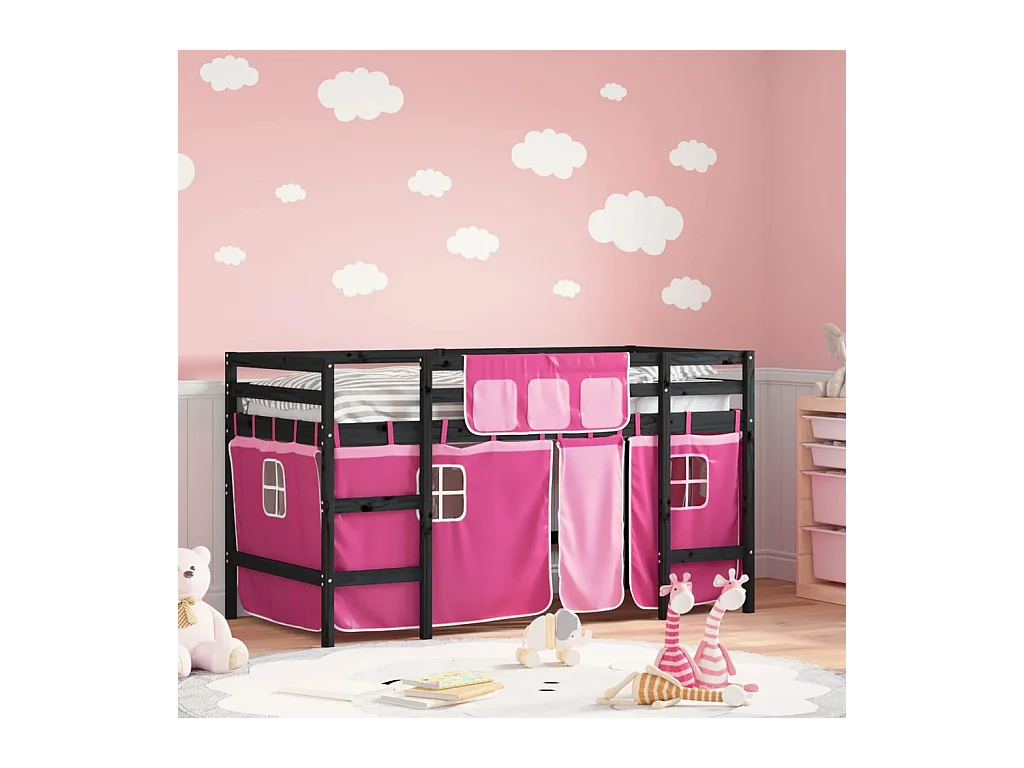 Lit mezzanine enfants et rideaux rose 90x200cm bois pin massif HOQW80204