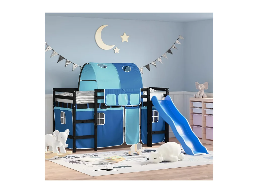 Lit mezzanine enfants avec tunnel bleu 80x200cm bois pin massif HOQW50044