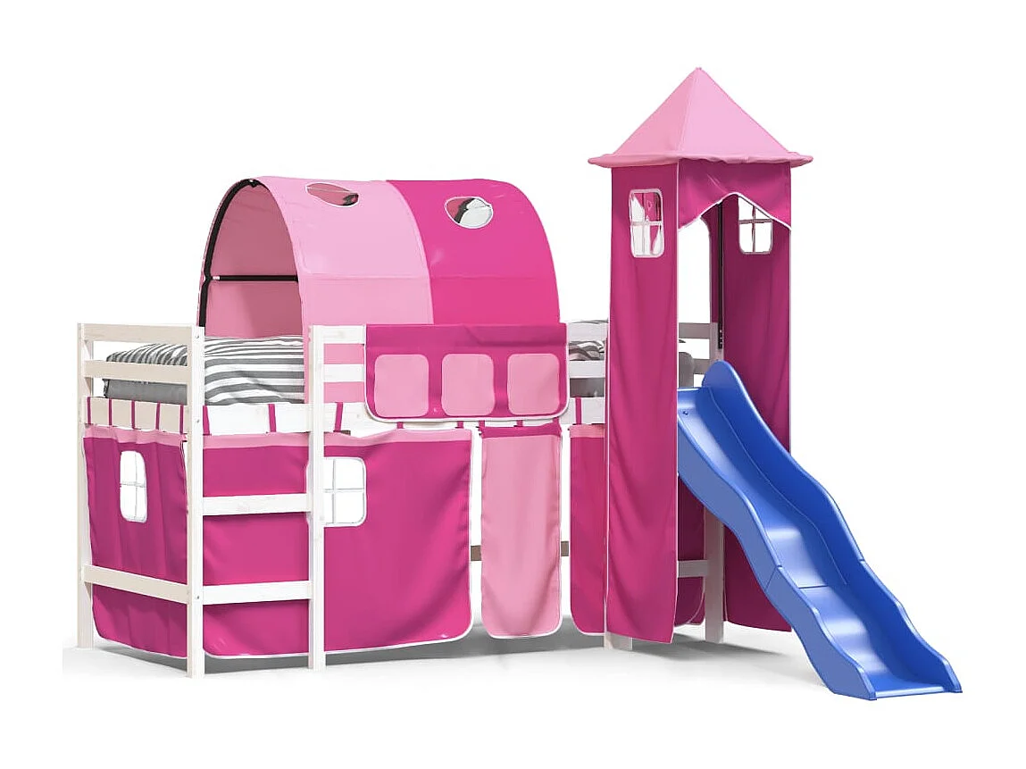 Lit mezzanine enfants avec tour rose 90x190 cm bois pin massif HOQW81173