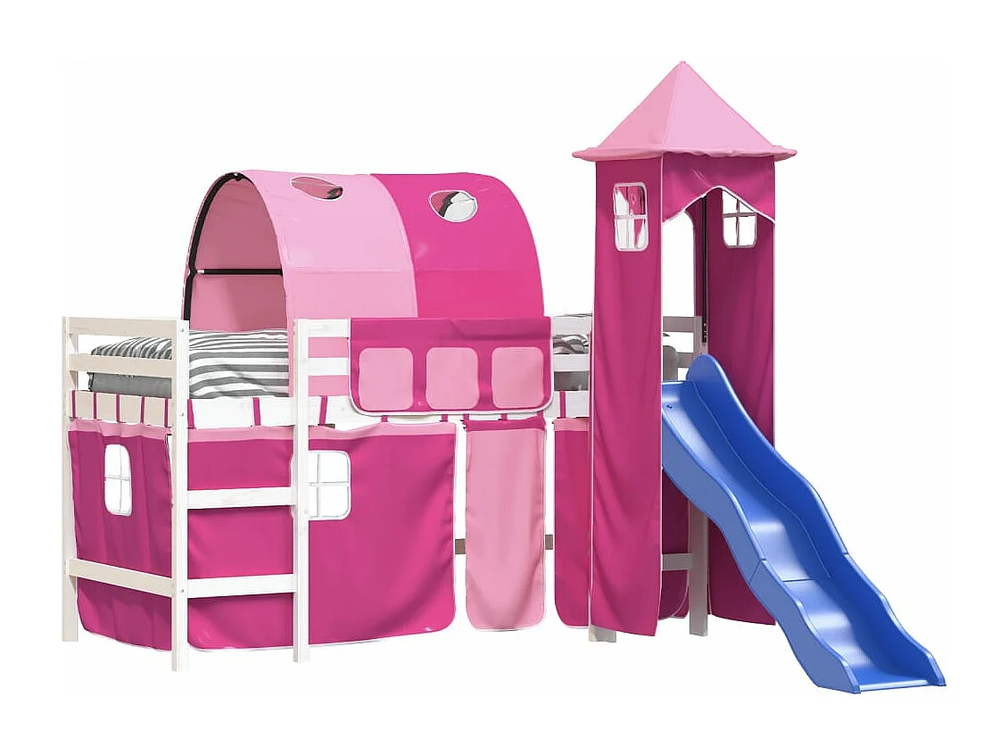 Lit mezzanine enfants avec tour rose 90x190 cm bois pin massif HOQW81173