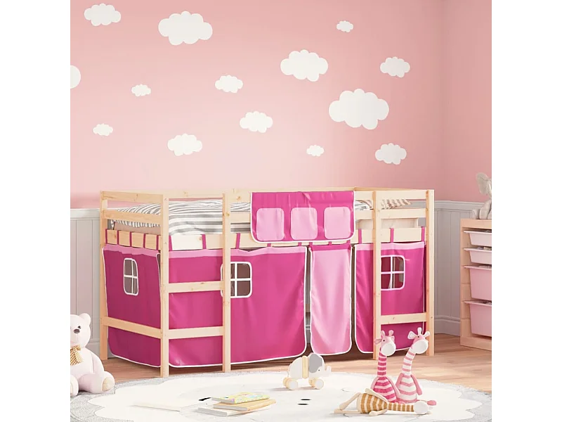 Lit mezzanine enfants et rideaux rose 90x200cm bois pin massif HOQW74653