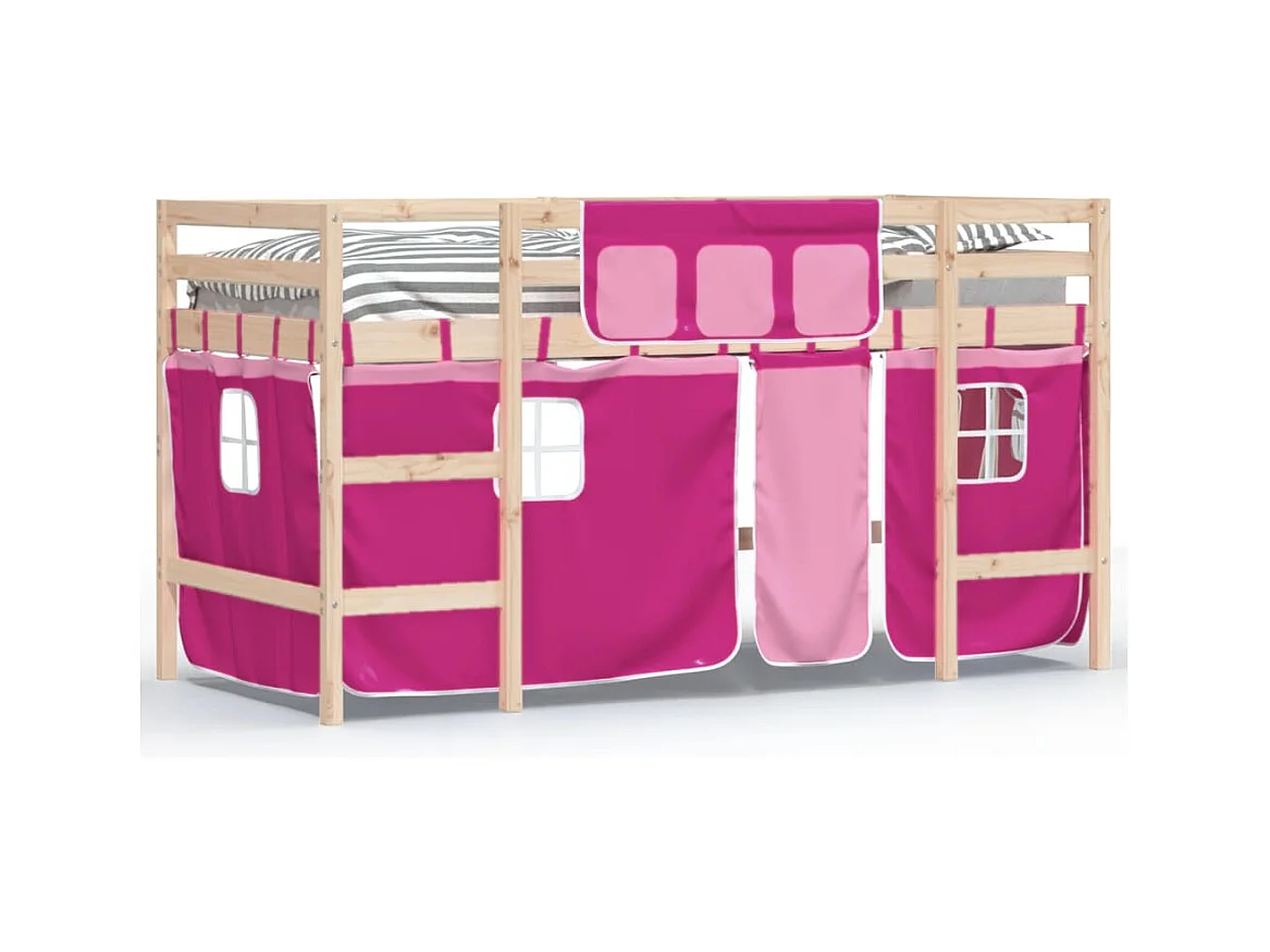 Kinderhoogslaper met gordijnen 90x200 cm grenenhout roze NL38925