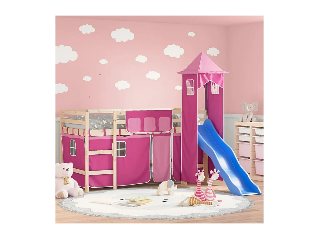 Lit mezzanine enfants avec tour rose 90x190 cm bois pin massif HOQW78633