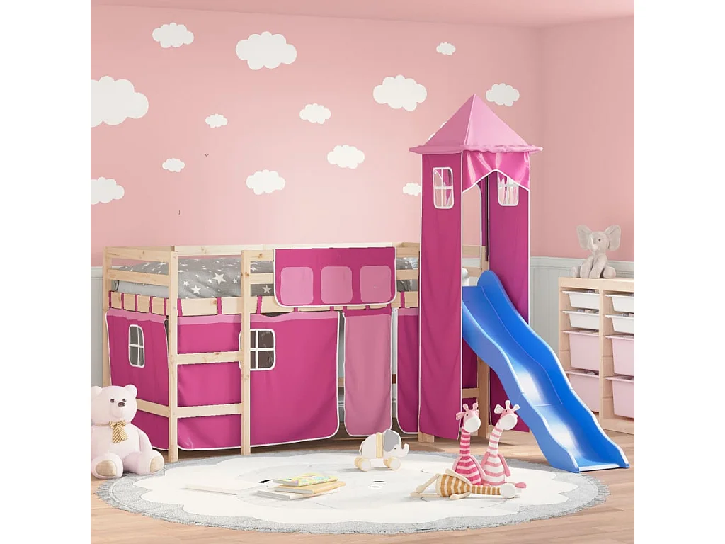 Lit mezzanine enfants avec tour rose 90x190 cm bois pin massif HOQW78633