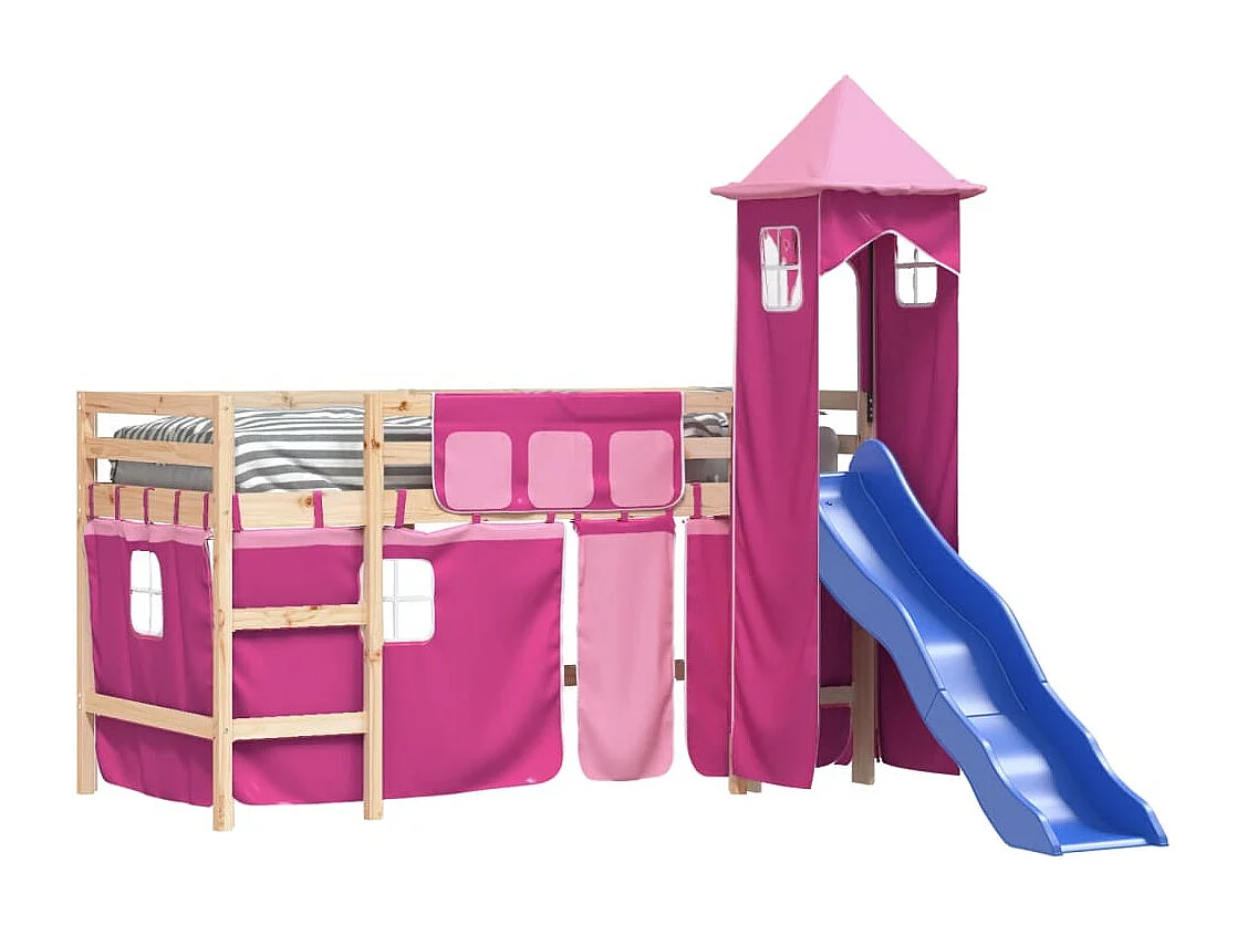 Lit mezzanine enfants avec tour rose 90x190 cm bois pin massif HOQW78633