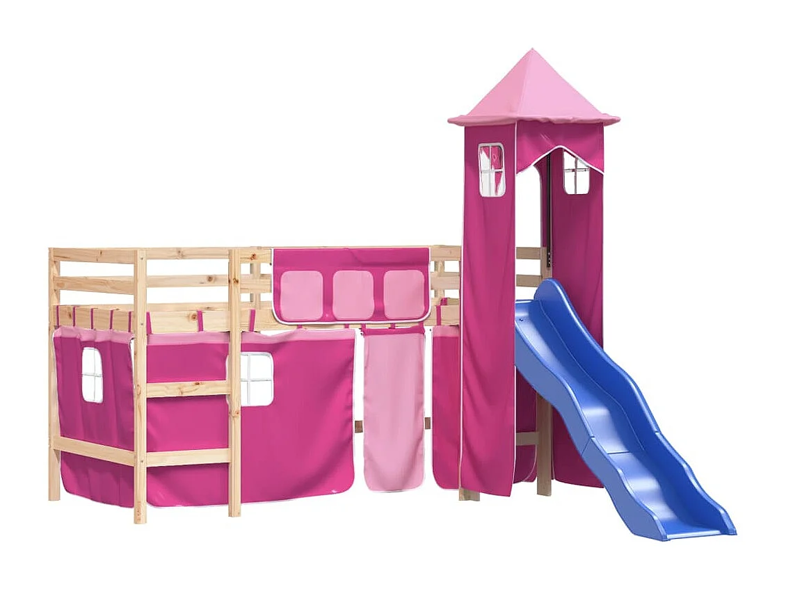 Lit mezzanine enfants avec tour rose 90x190 cm bois pin massif HOQW78633