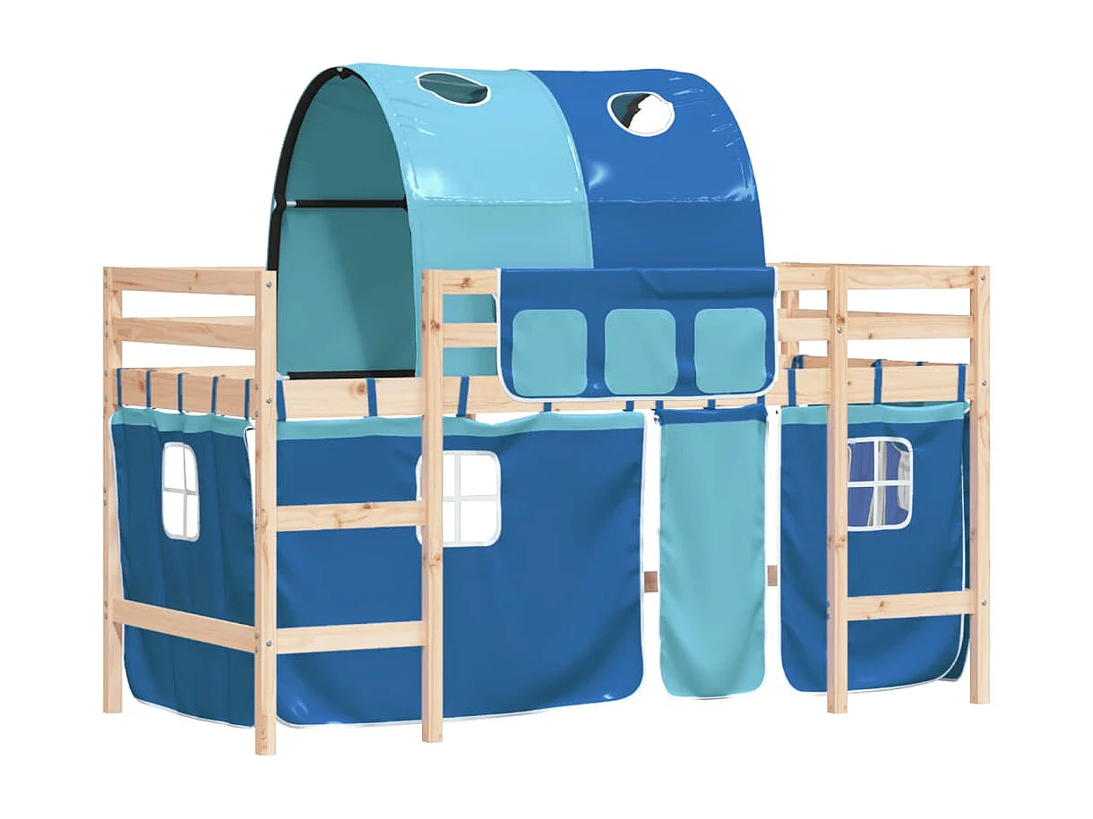 Lit mezzanine enfants avec tunnel bleu 90x200cm bois pin massif HOQW26010