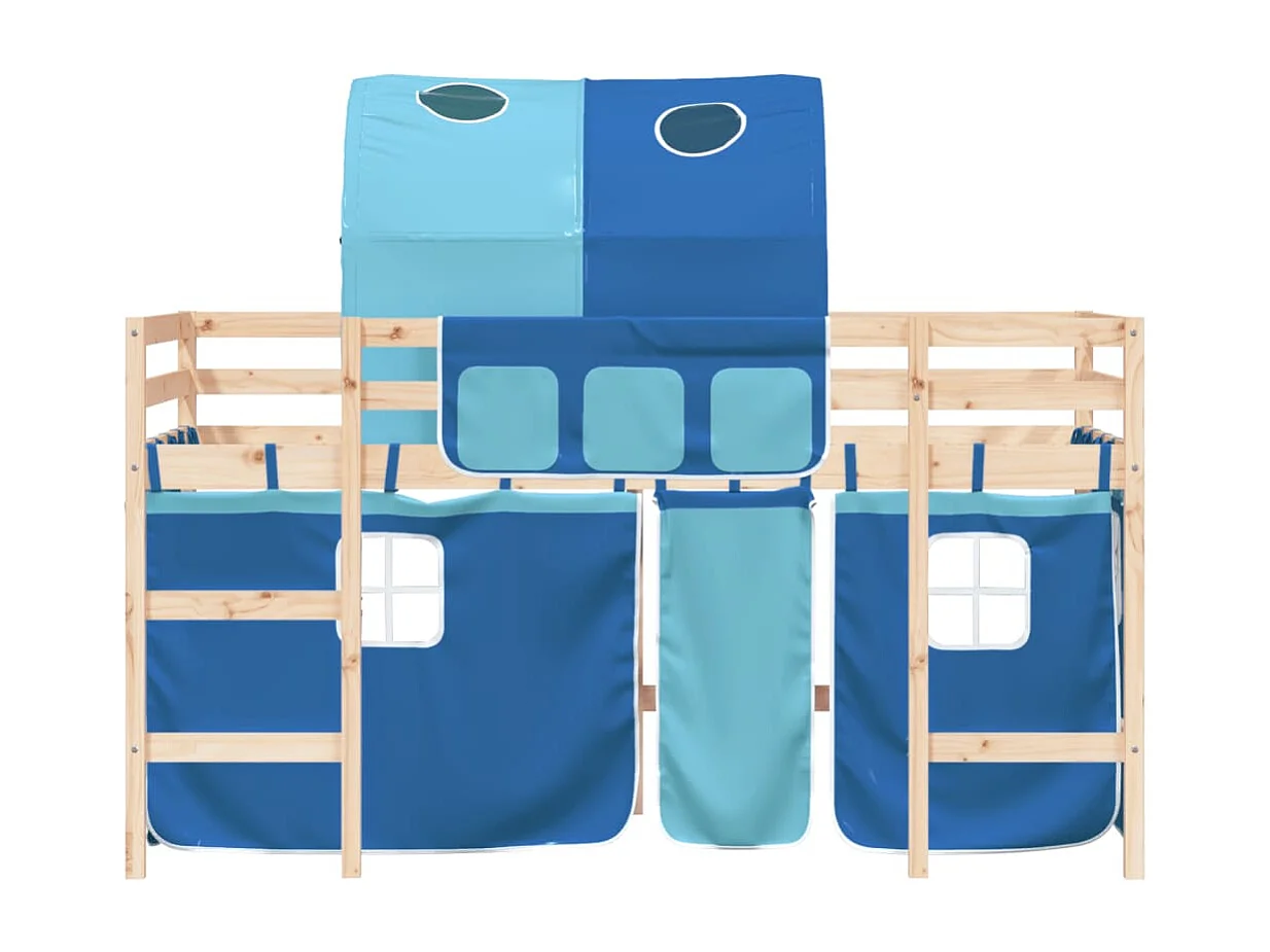 Lit mezzanine enfants avec tunnel bleu 90x200cm bois pin massif HOQW26010