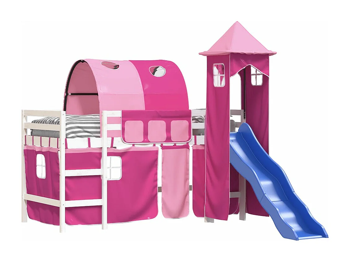 Lit mezzanine enfants avec tour rose 80x200cm bois pin massif HOQW25080