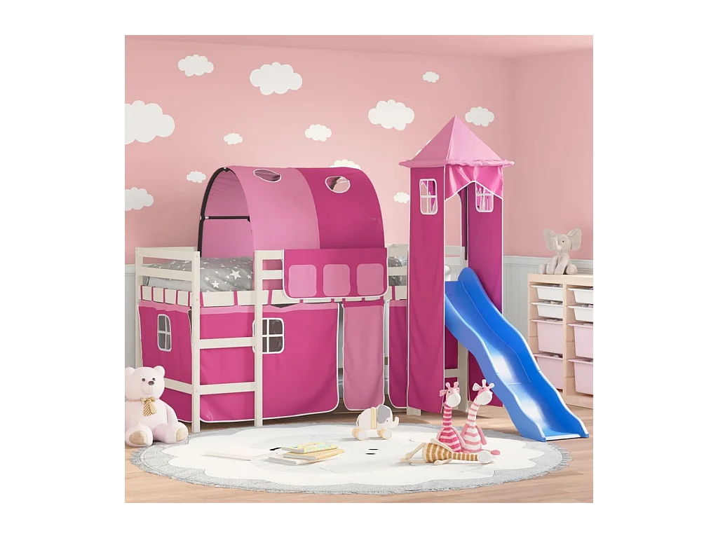 Lit mezzanine enfants avec tour rose 80x200cm bois pin massif HOQW25080