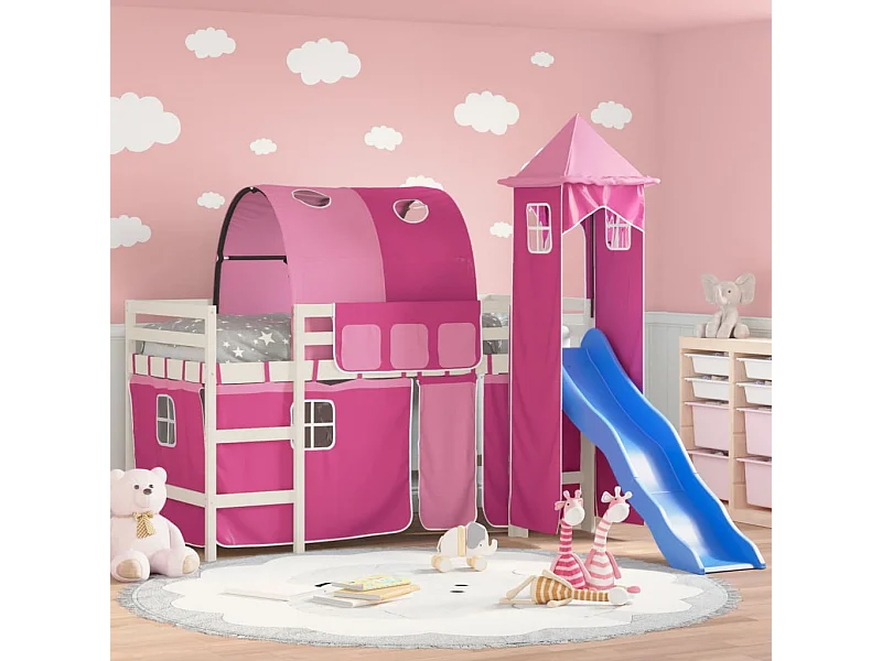 Cama alta para criança com torre 80x200 cm pinho maciço rosa PT494035