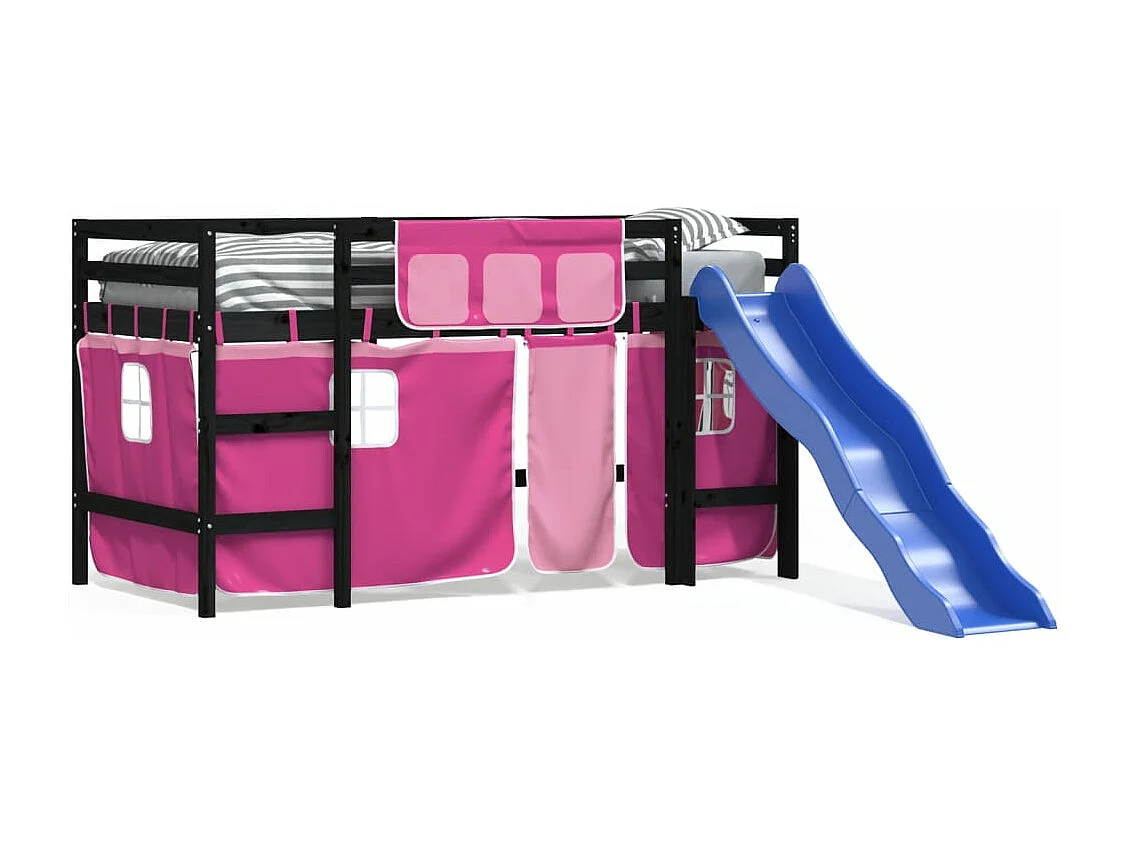 Kinderhoogslaper met gordijnen 90x190 cm grenenhout roze NL85095