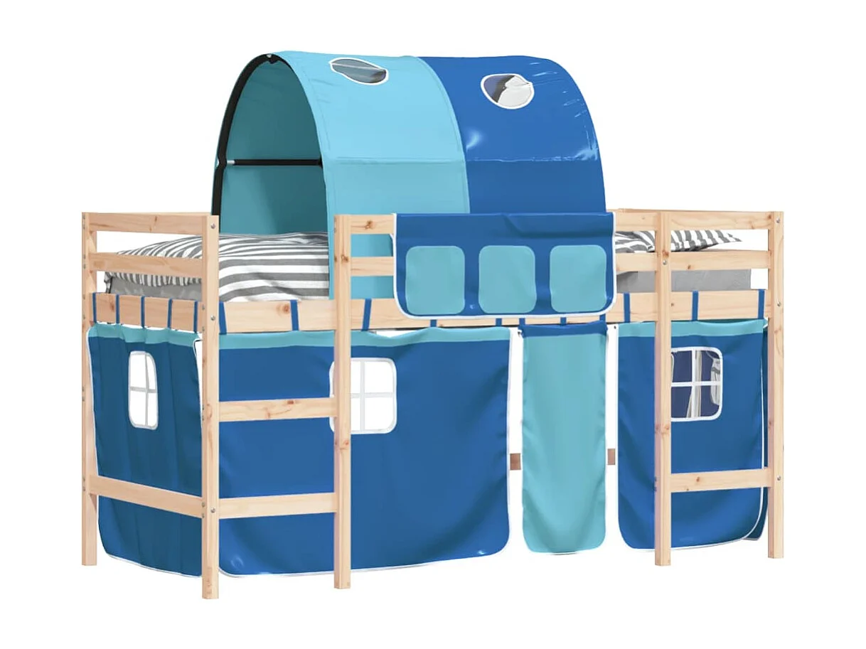 Lit mezzanine enfants avec tunnel bleu 90x190cm bois pin massif HOQW65562