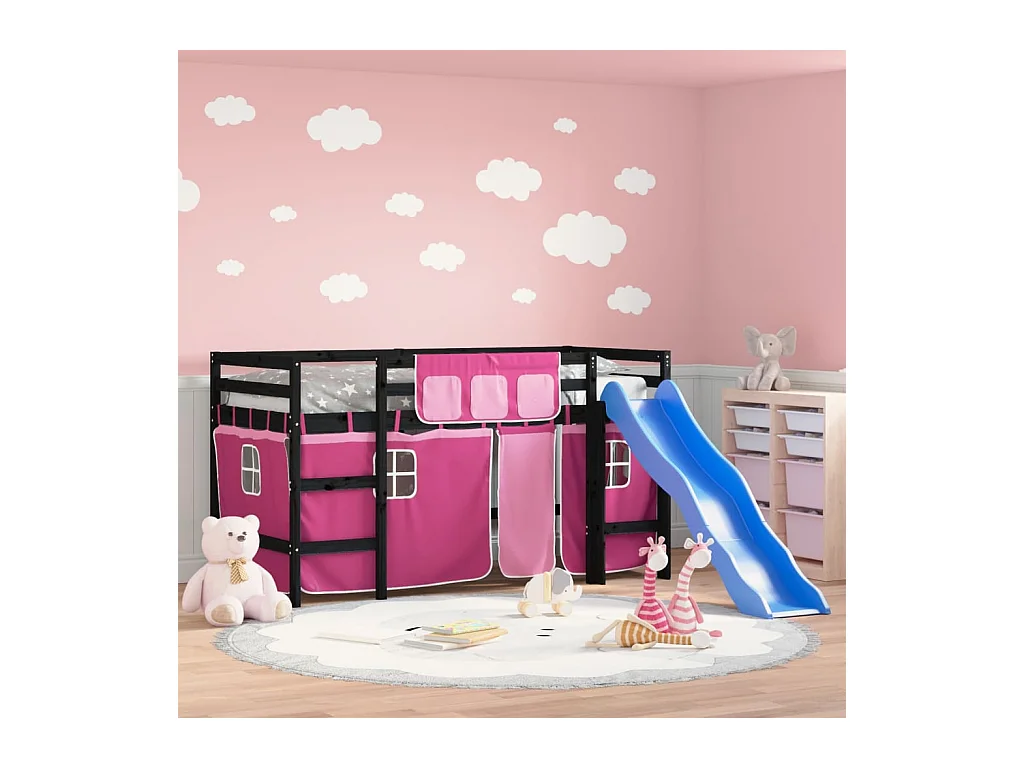 Lit mezzanine enfants et rideaux rose 80x200cm bois pin massif HOQW66610