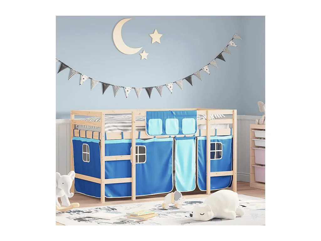 Lit mezzanine enfants et rideaux bleu 90x190cm bois pin massif HOQW89846