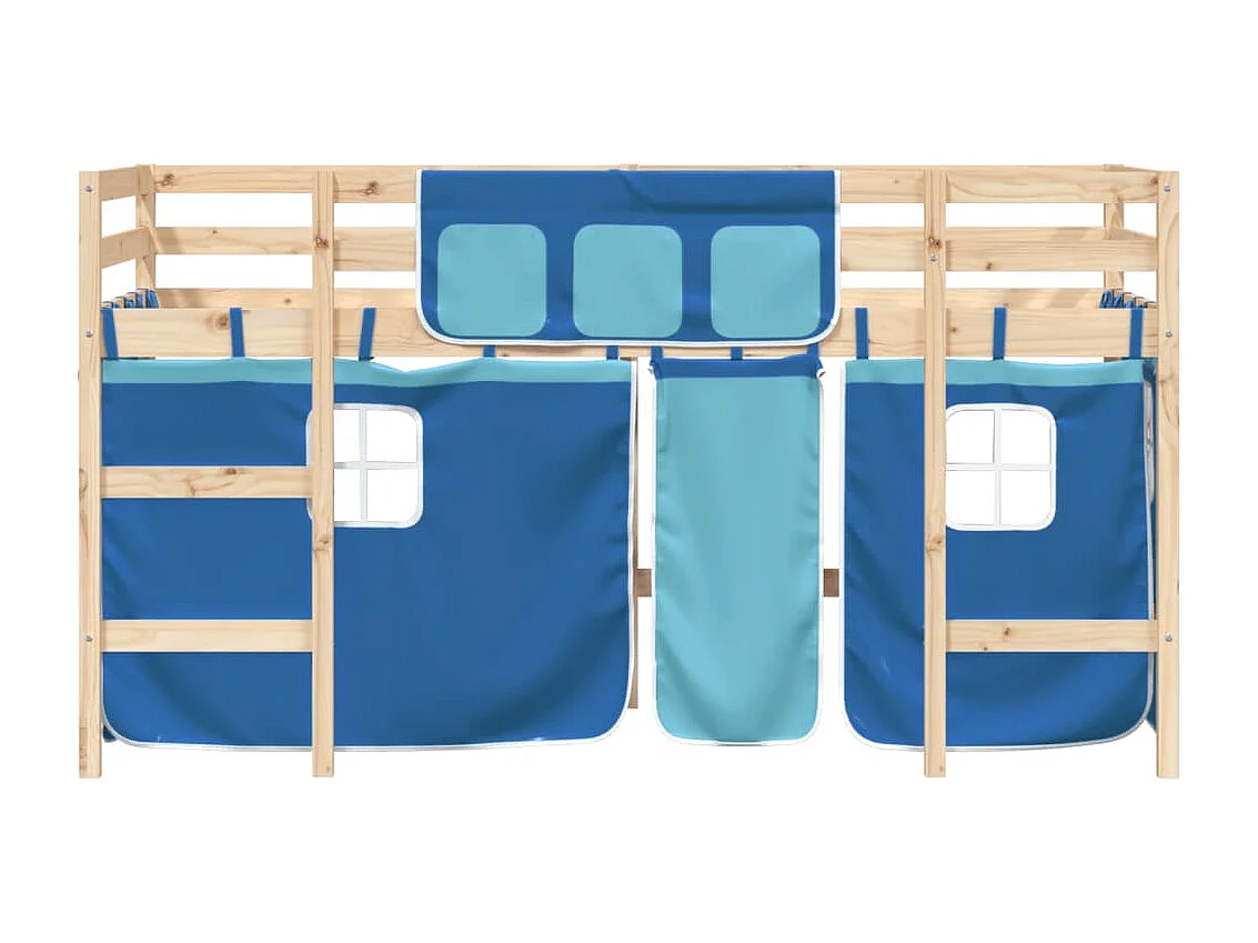Lit mezzanine enfants et rideaux bleu 90x190cm bois pin massif HOQW89846
