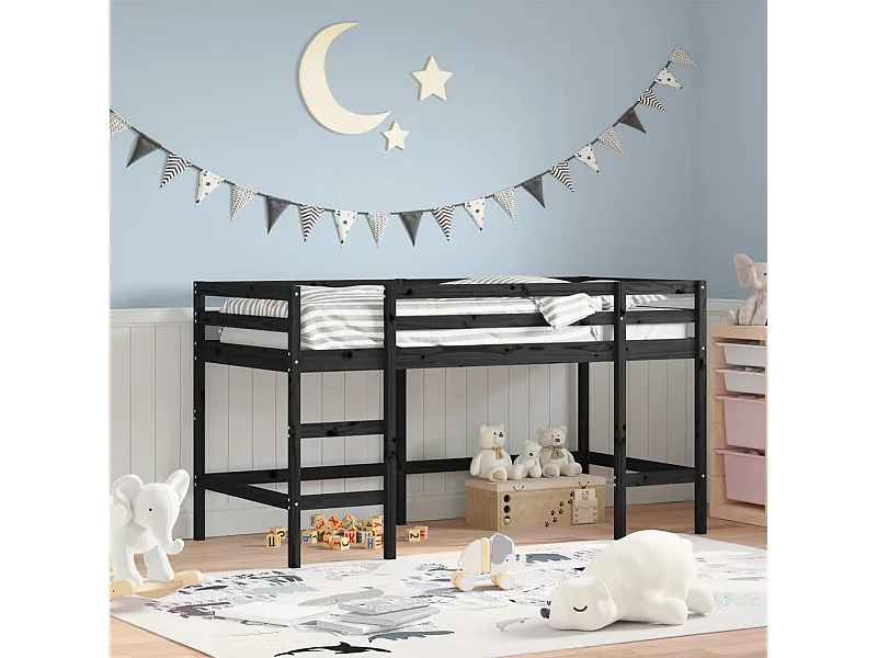 Cama alta p/ criança c/ escada 90x200 cm pinho maciço preto PT383529