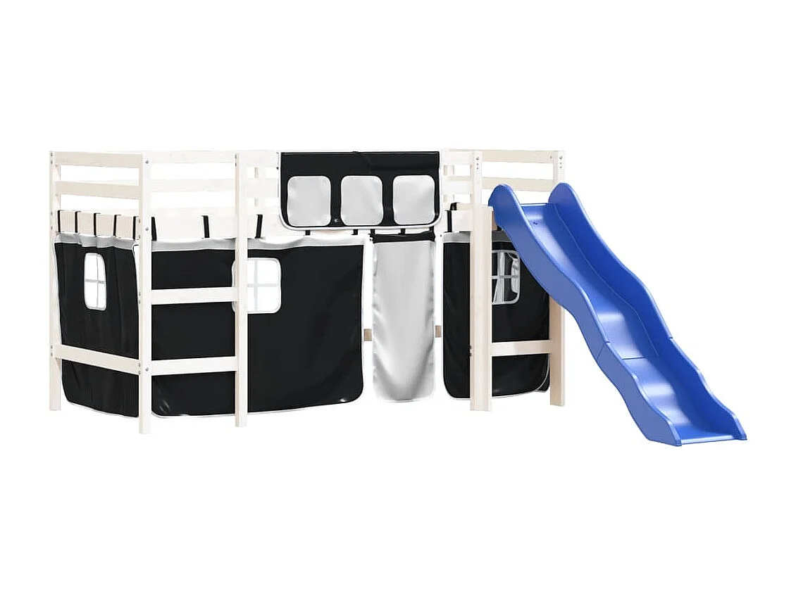 Lit mezzanine enfants et rideaux blanc/noir 90x200cm pin massif HOQW61572