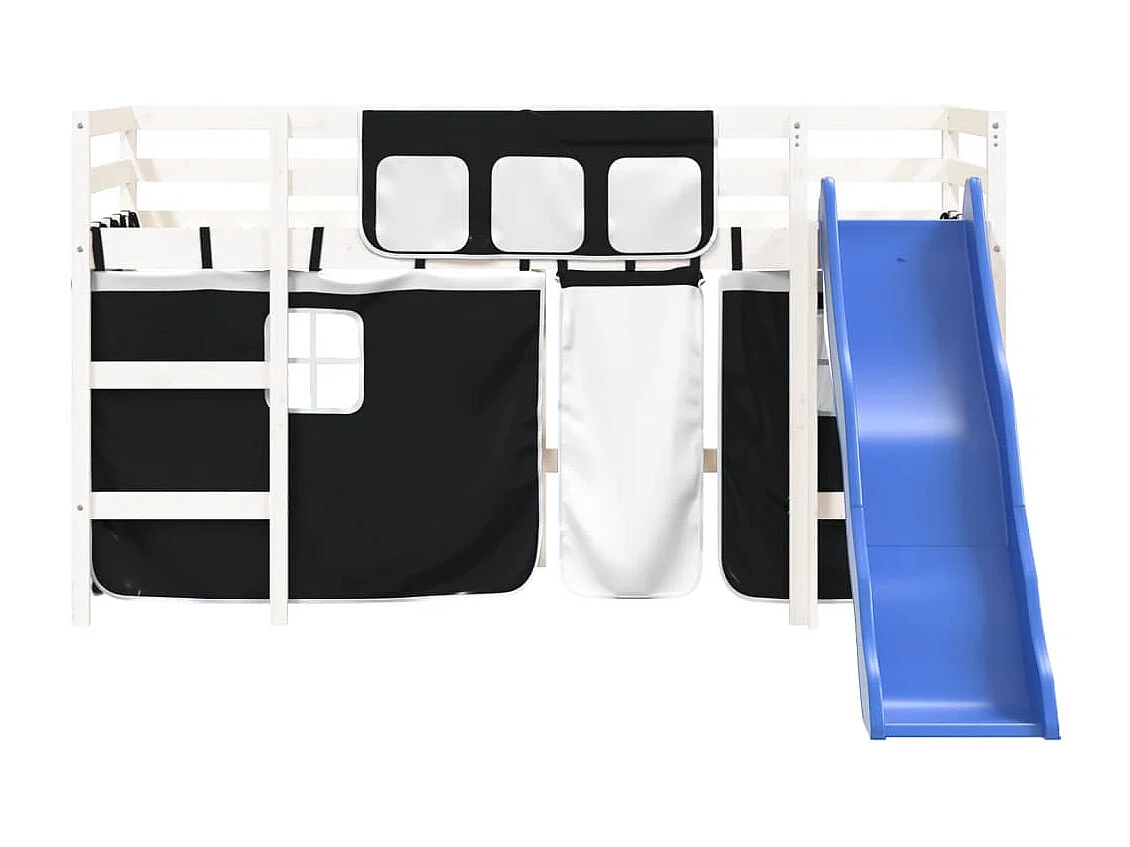 Lit mezzanine enfants et rideaux blanc/noir 90x200cm pin massif HOQW61572
