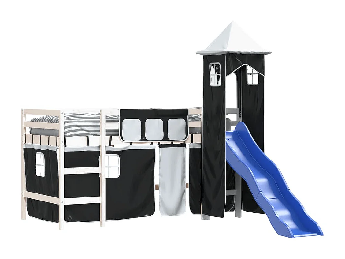 Cama alta criança c/ torre 80x200 cm pinho maciço branco/preto PT376636