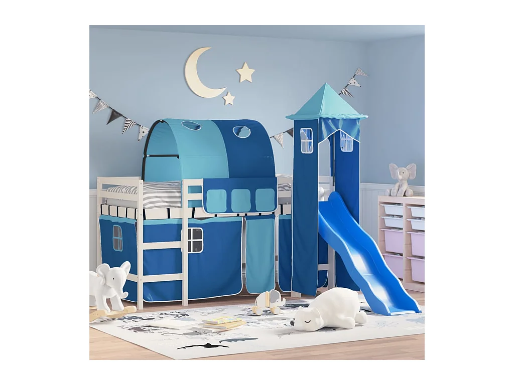 Lit mezzanine enfants avec tour bleu 80x200cm bois pin massif HOQW27684
