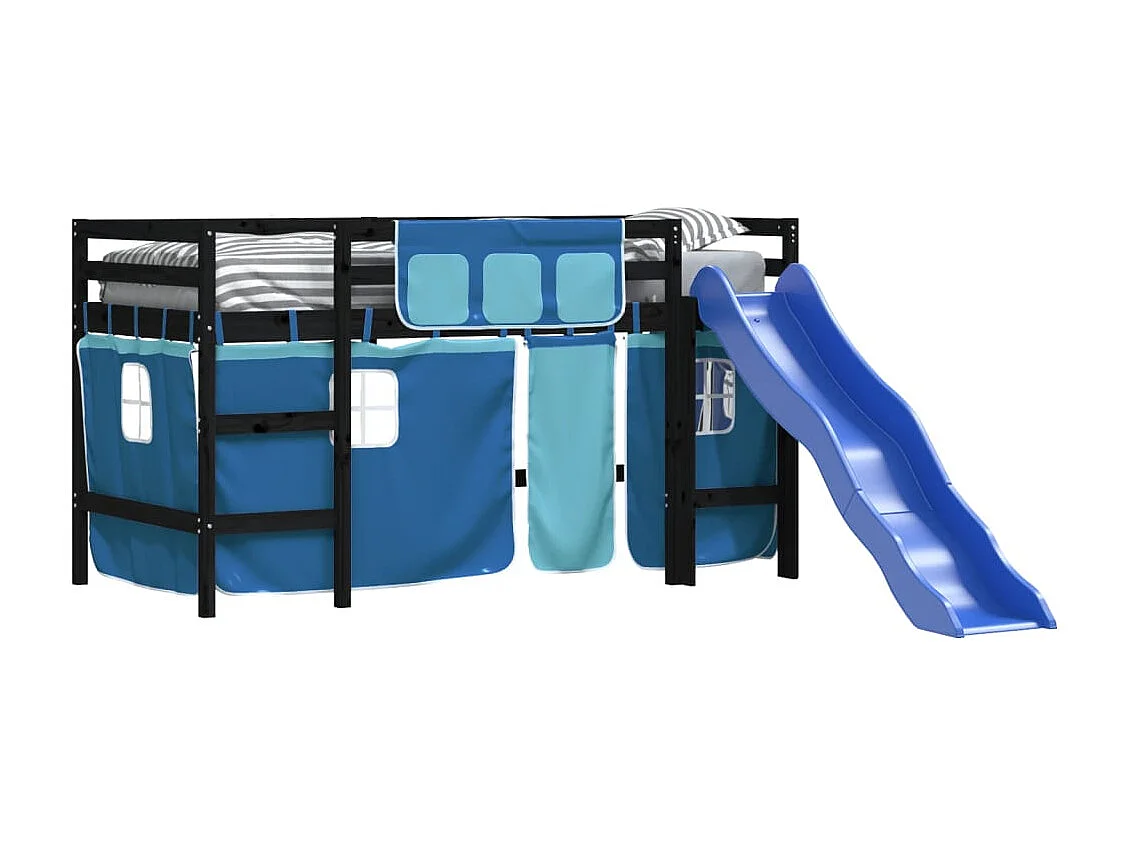 Lit mezzanine enfants et rideaux bleu 90x190cm bois pin massif HOQW83276