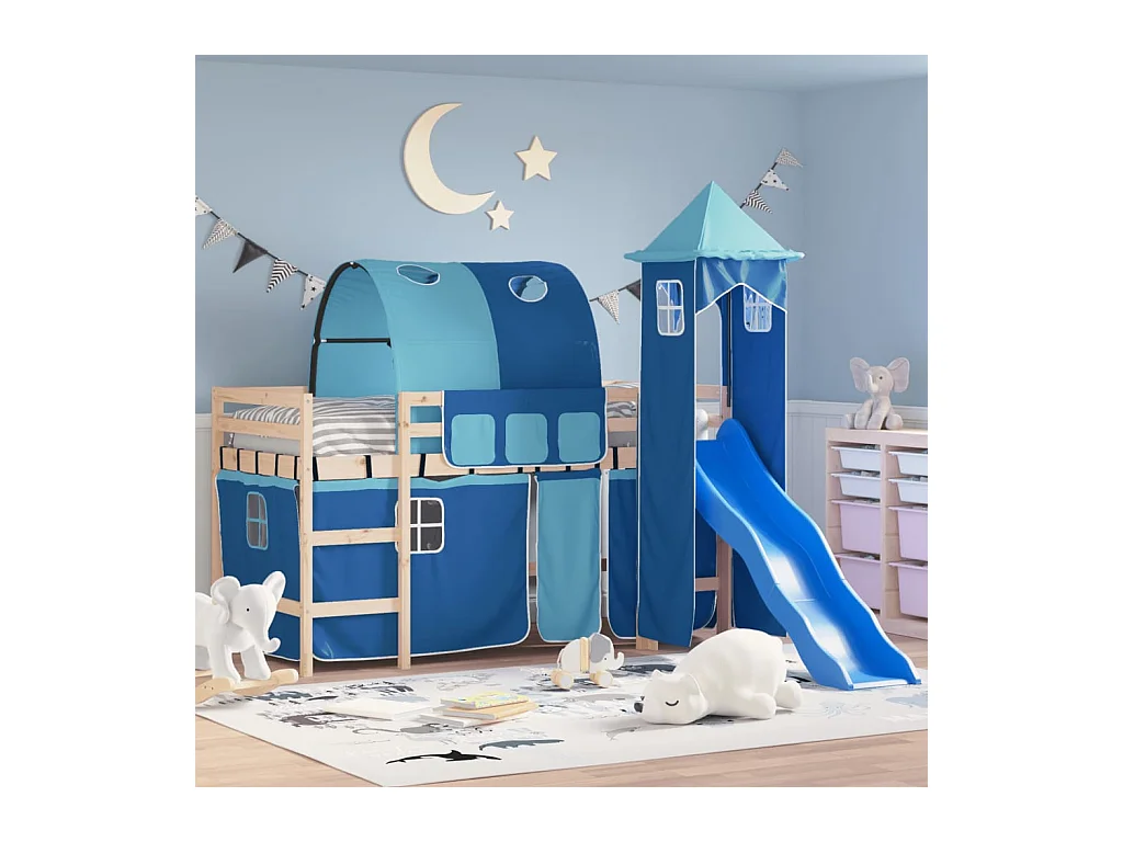 Lit mezzanine enfants avec tour bleu 80x200cm bois pin massif HOQW75355