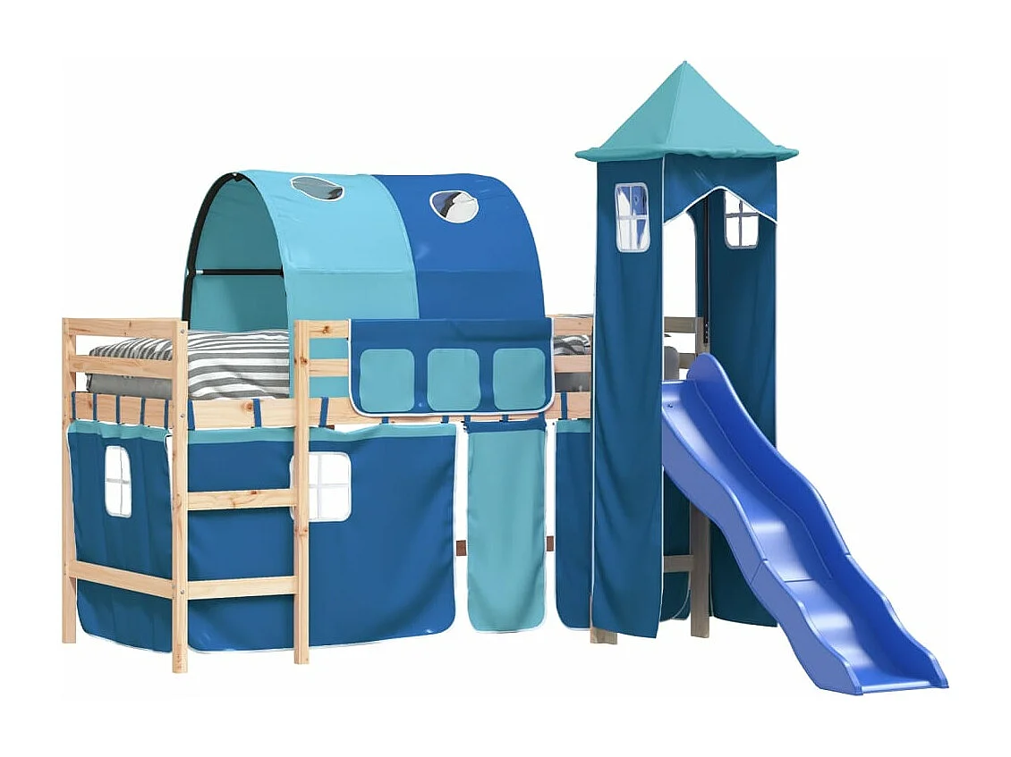 Lit mezzanine enfants avec tour bleu 80x200cm bois pin massif HOQW75355