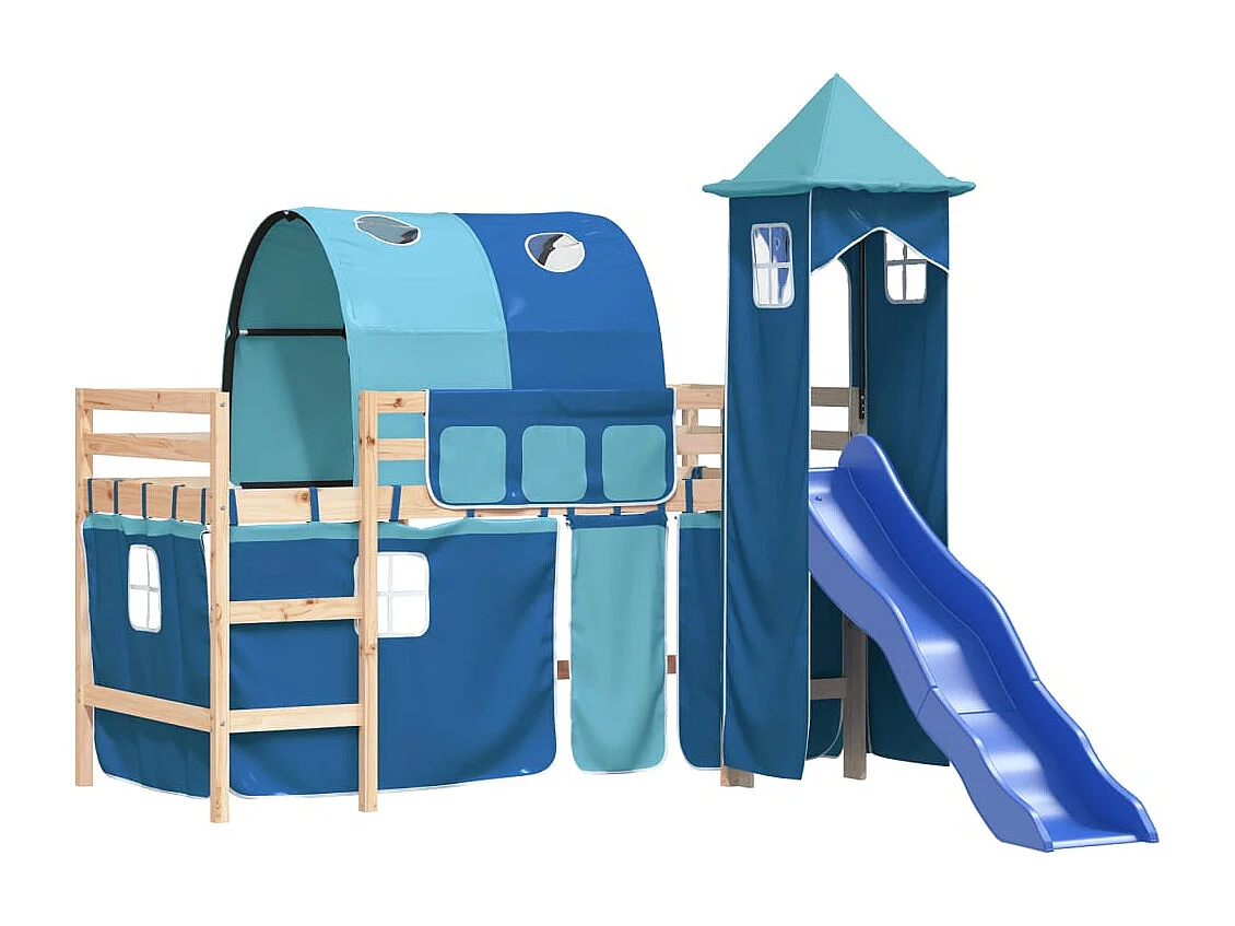 Lit mezzanine enfants avec tour bleu 80x200cm bois pin massif HOQW75355