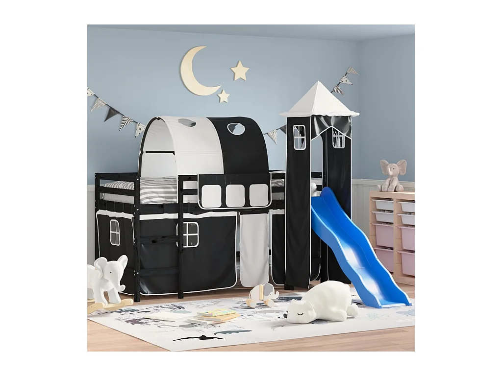 Lit mezzanine enfants avec tour blanc/noir 90x190 cm pin massif HOQW33572