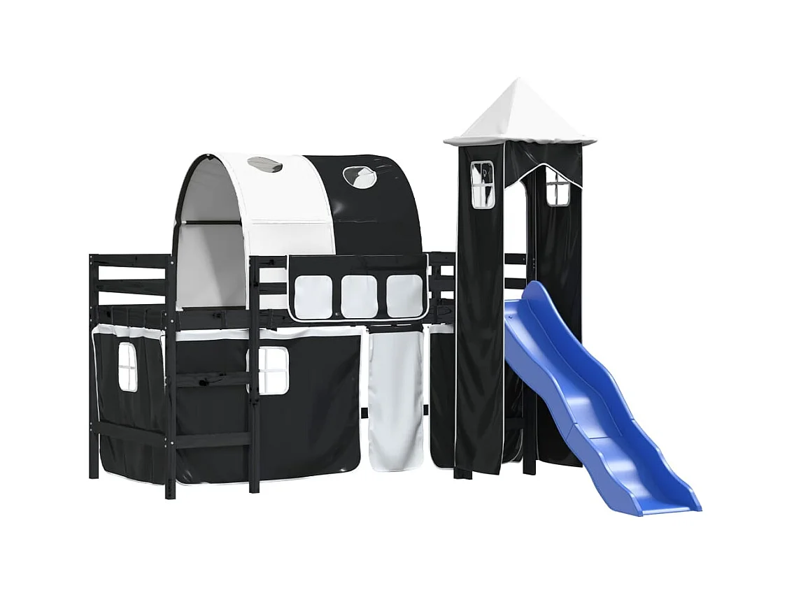 Lit mezzanine enfants avec tour blanc/noir 90x190 cm pin massif HOQW33572
