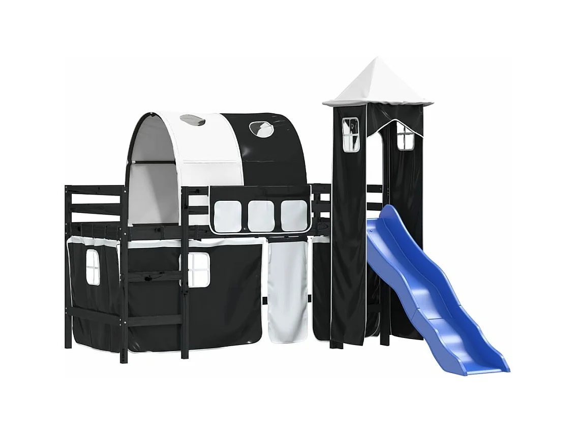 Lit mezzanine enfants avec tour blanc/noir 90x190 cm pin massif HOQW33572