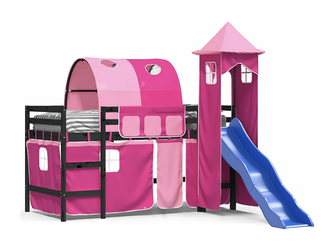 Lit mezzanine enfants avec tour rose 80x200cm bois pin massif HOQW96122