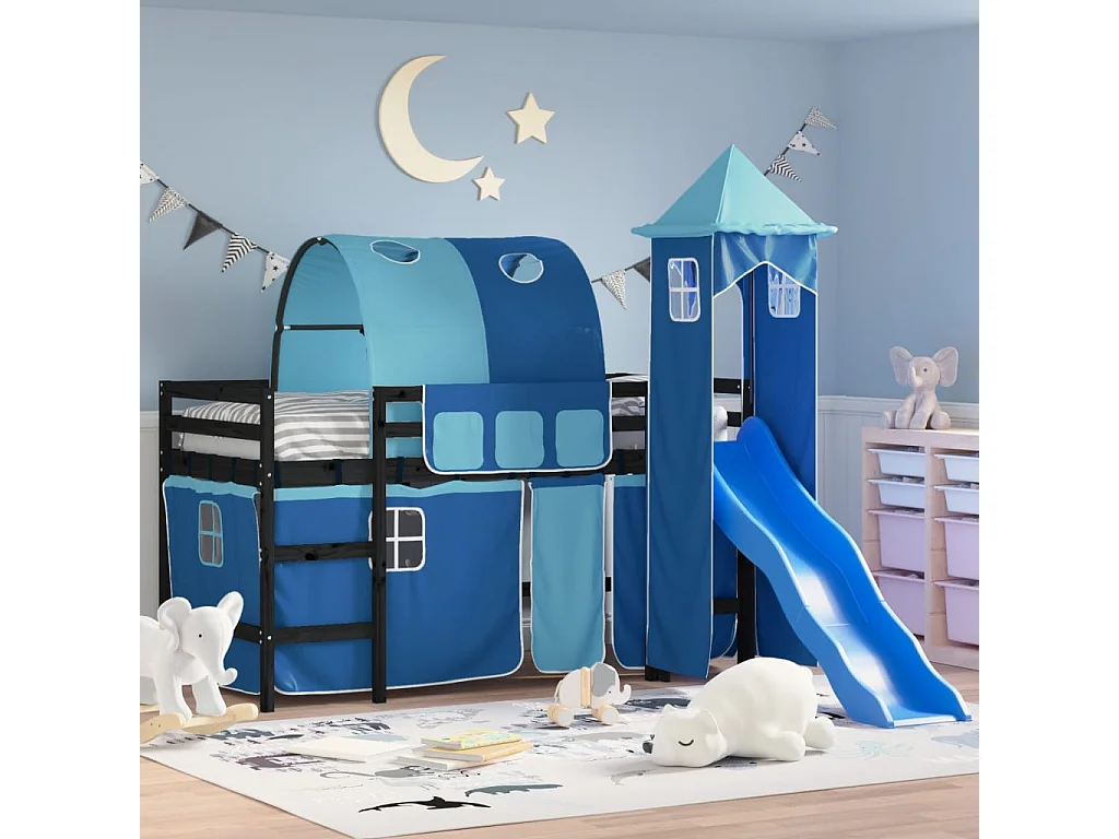 Lit mezzanine enfants avec tour bleu 80x200cm bois pin massif HOQW60380
