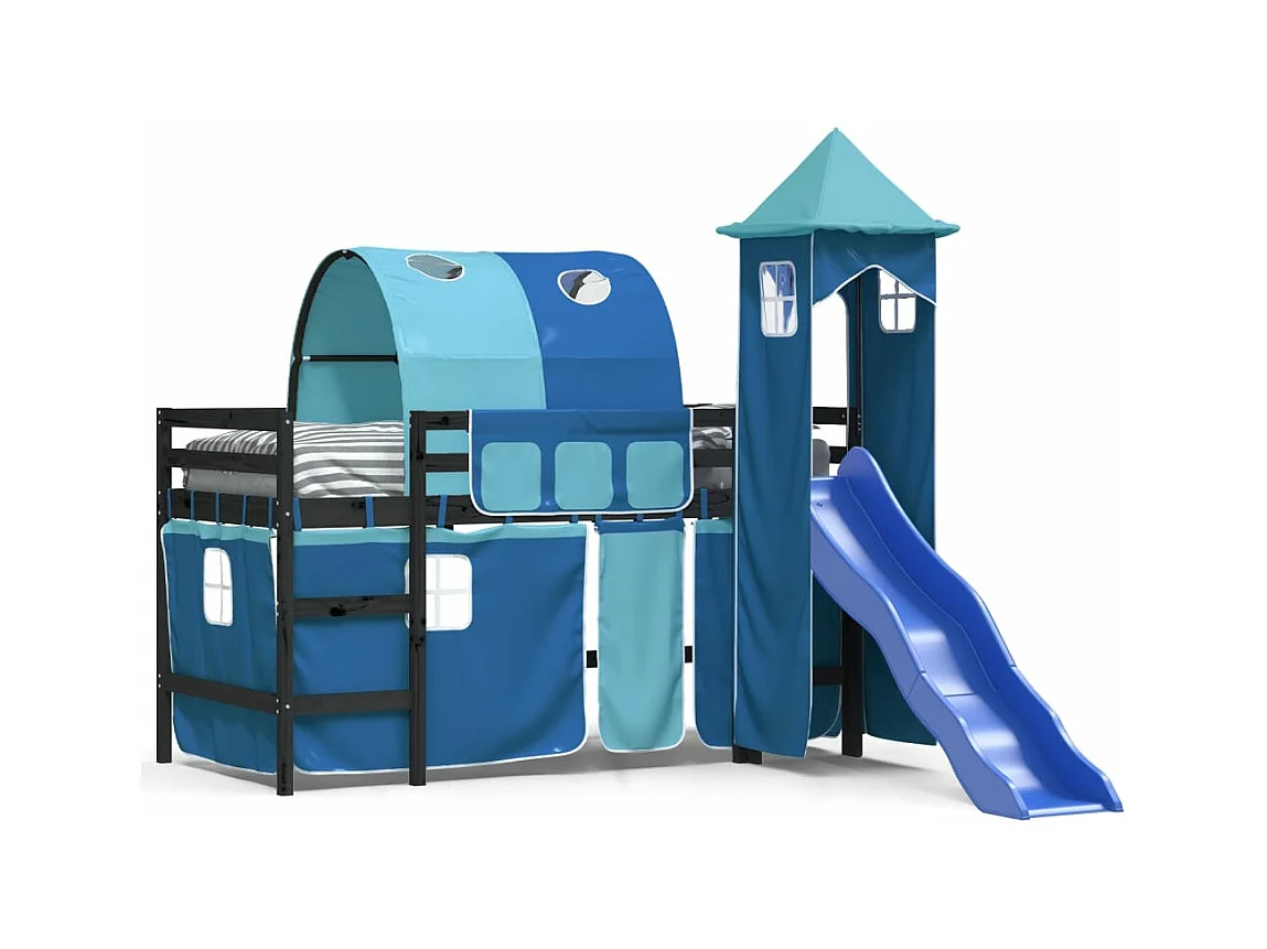 Kinderhoogslaper met toren 80x200 cm massief grenenhout blauw NL13866