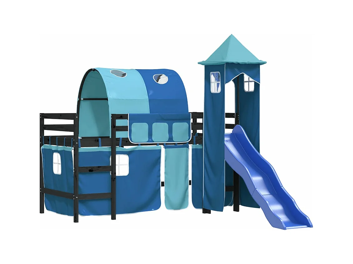 Kinderhoogslaper met toren 80x200 cm massief grenenhout blauw NL13866