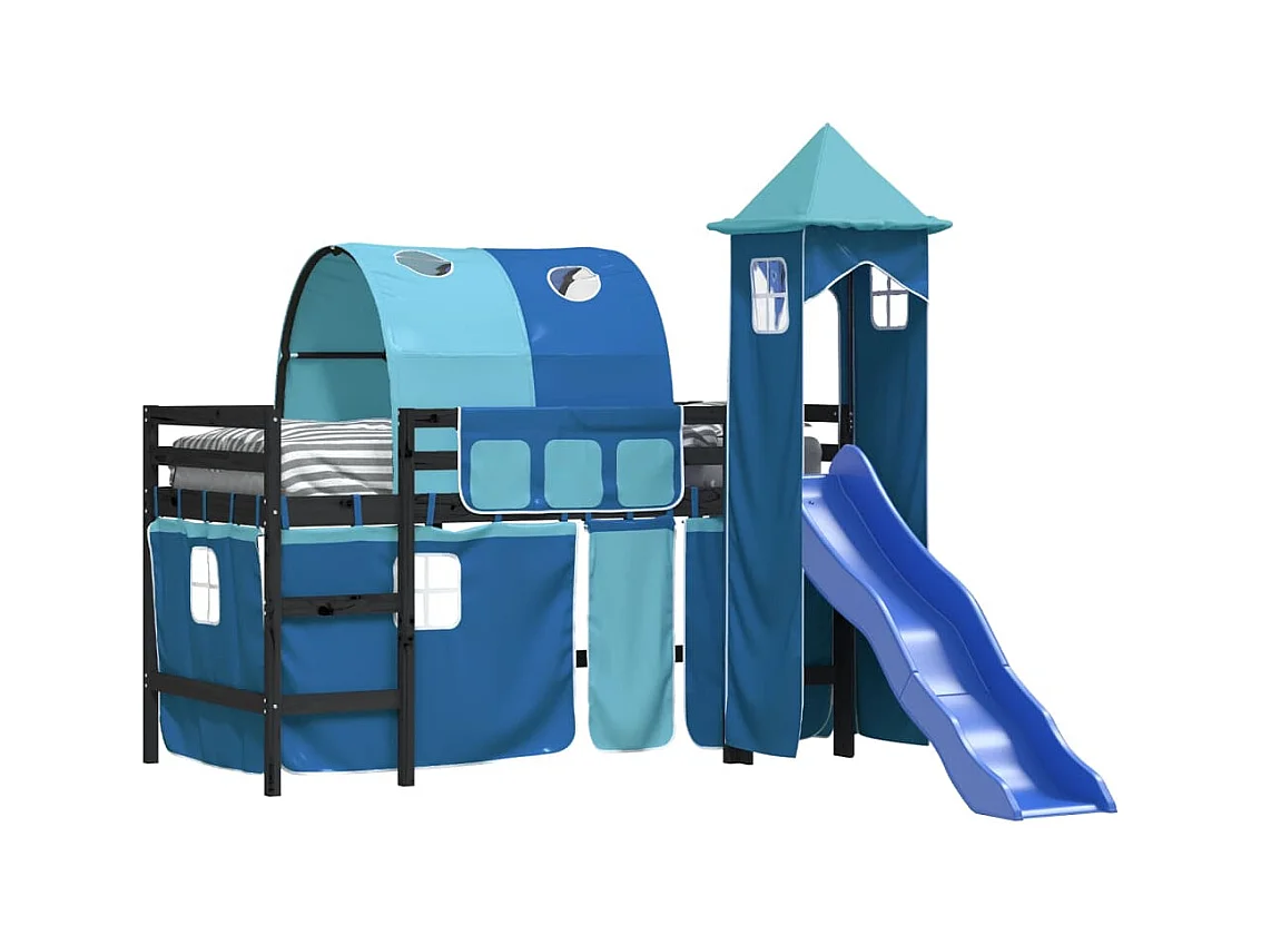 Kinderhoogslaper met toren 80x200 cm massief grenenhout blauw NL13866