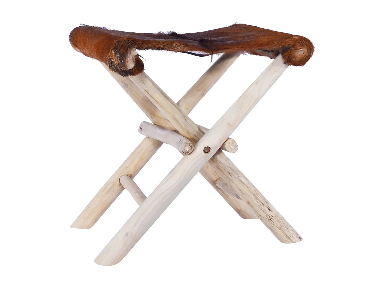 Taburete plegable de cuero auténtico y madera de teca maciza ES294481