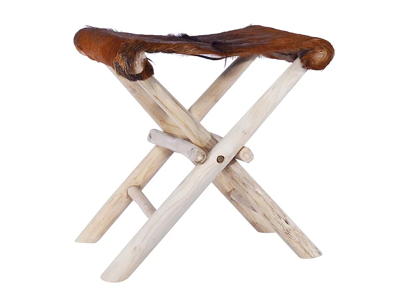 Taburete plegable de cuero auténtico y madera de teca maciza ES294481