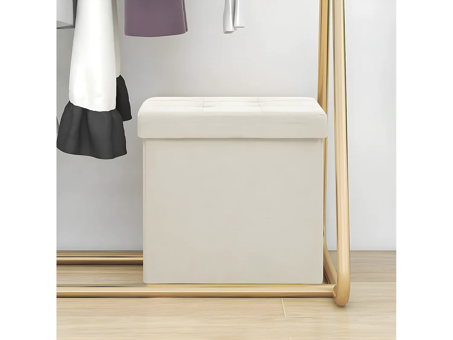 Taburete con almacenaje plegable lino sintético crema blanco ES803686