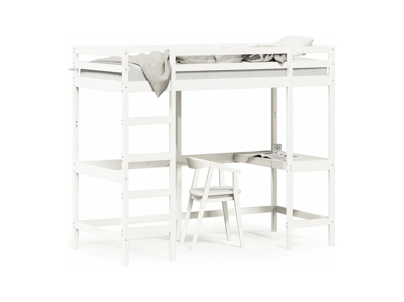 Cama alta com secretária 90x200 cm pinho maciço branco PT806896